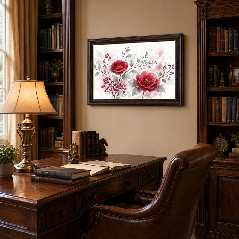 «Red Flowers and Berries With Green Leaves», art mural sur toile, 16"H x 24"W