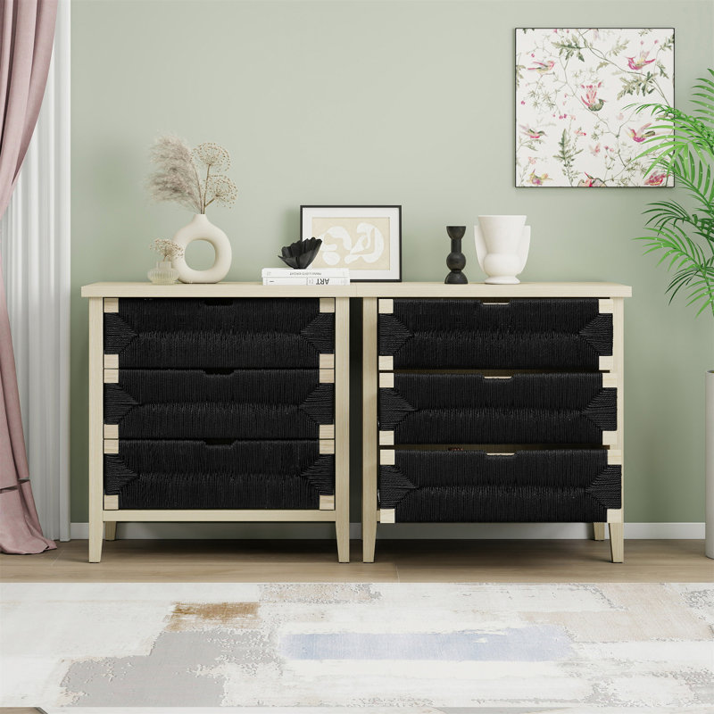 Buffet 3 tiroirs avec tablettes réglables, armoire de rangement avec tiroirs décoratifs en corde tissée à la main pour le salon