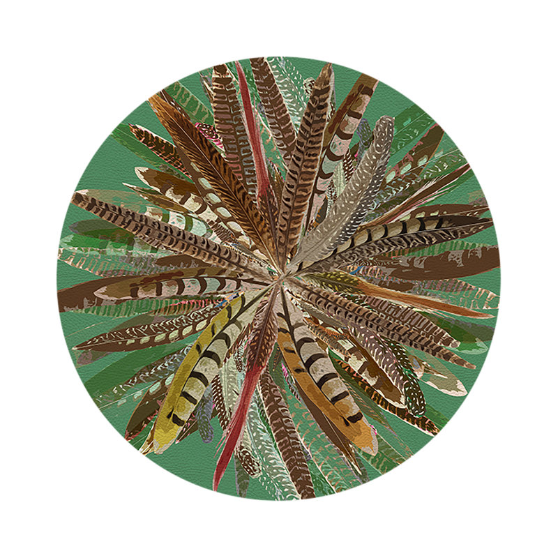 Pheasant Feathers Vegan Leather Round Pebble Placemat, Green