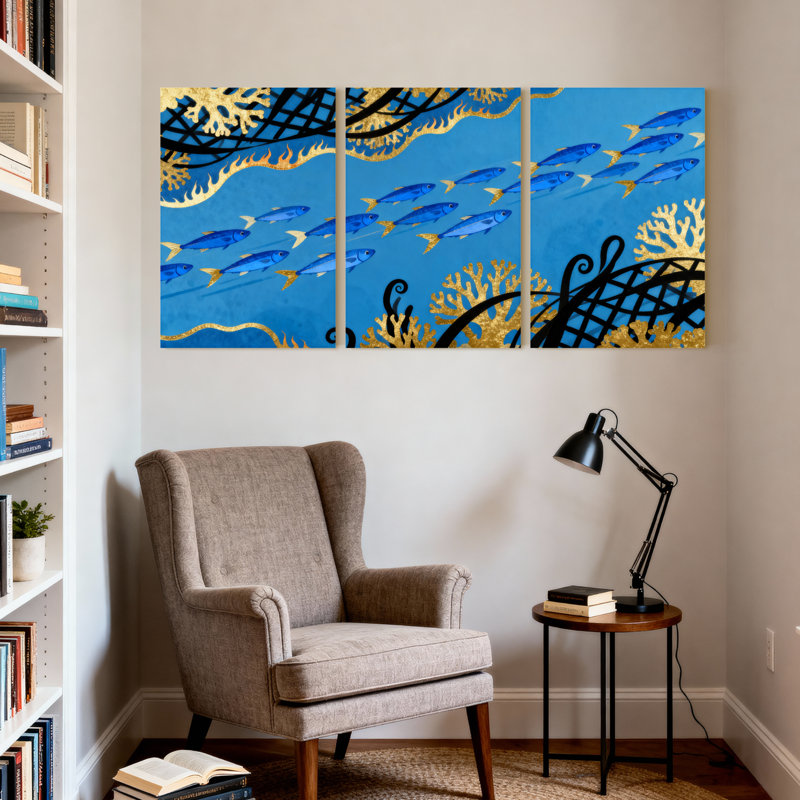 «Blue Fish Golden Coral Ocean Waves», ensemble de 3 impressions sur toile, H 18 po x l 36 po