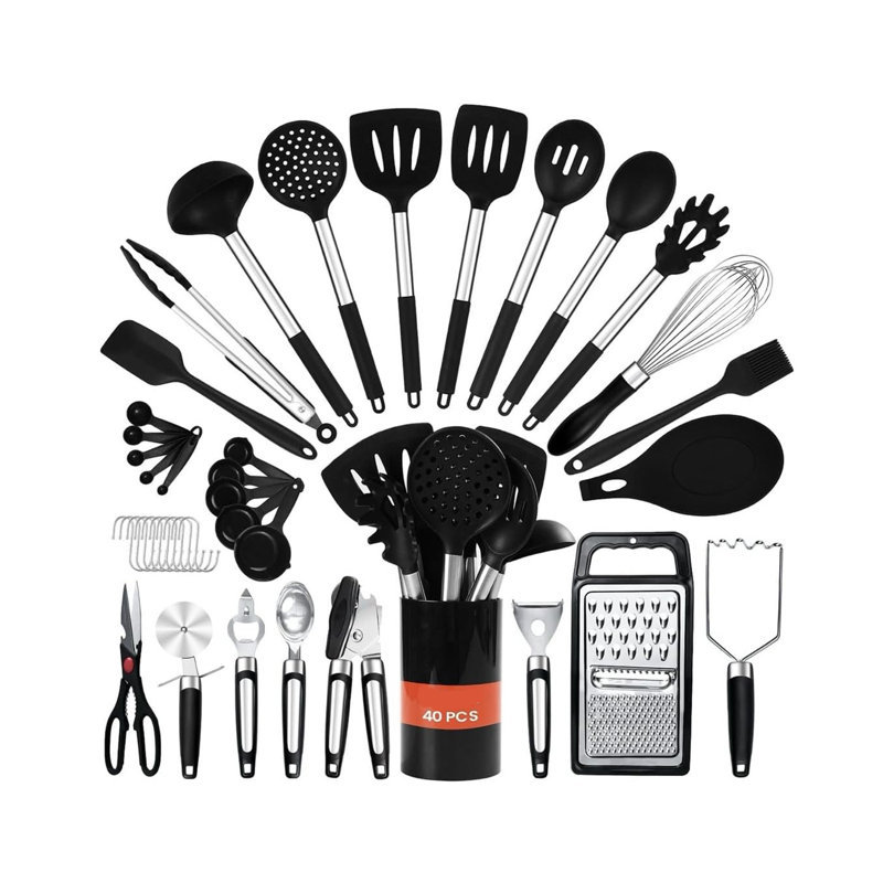 40Pcs Kitchen Utensils Set With Holder,Heat Resistant,Black