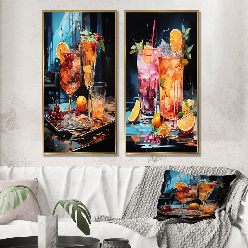 Urban Cocktail Party Escape - Ensemble de 2 décorations murales cocktails, H 40 po x l 41 po, Encadrement doré