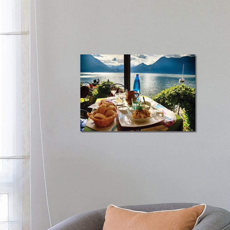 Food On A Restaurant Table With A Lake View by George Oze - Wrapped Canvas Print, 66.04 cm H x 45.72 cm W x 1.91 cm D