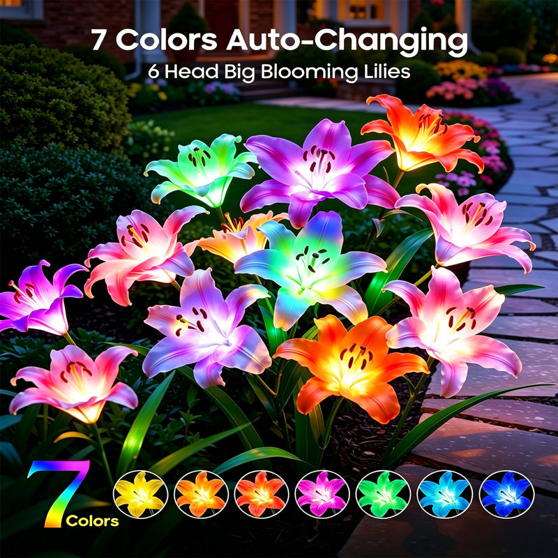 Solar Lily Flower Lights, 7 Color Changing LED Solar Garden Lights, IP65 Waterproof Outdoor Decorative Stake Lights for Yard Pathway Patio Lawn Wedding Holiday Decoration