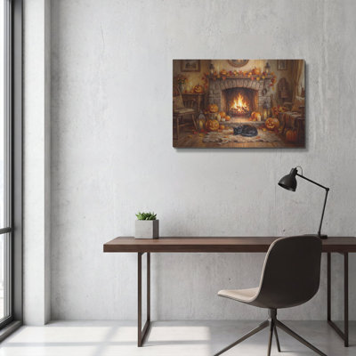 «Halloween Pumpkin Fireplace» par Veve, art mural en métal, 16 po x 12 po