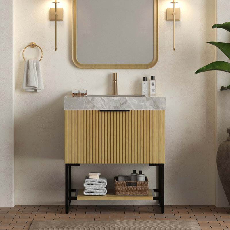 Meuble-lavabo de salle de bain 30 po, meuble de rangement autoportant rayé avec tiroir et tablette ouverte, comptoir en pierre frittée et lavabo encastré en céramique, pré-assemblé