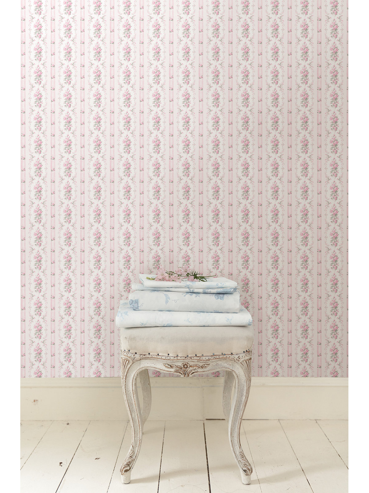 Dreamy Days Parfait Stripe and Floral Wallpaper, Pink, 20.5" W x 246" L, Peel & Stick