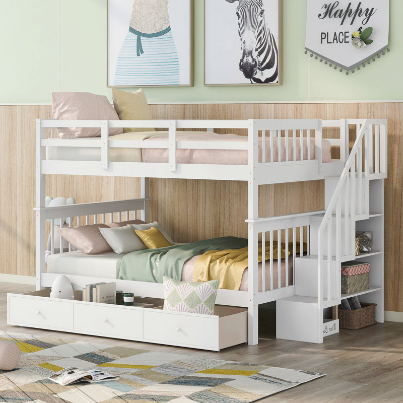 Lit superposé en escalier avec tiroir, garde-corps et garde-corps pour chambre à coucher, blanc