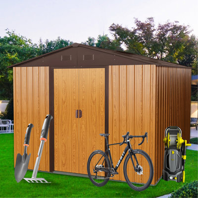 Remise extérieure en métal de 8 pi x 10 pi de couleur café - construction en acier galvanisé, évents intégrés perforés, porte coulissante cadenassable, rangement simple avec base de fondation, cadres en fer pour