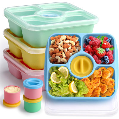 4-Pack 750ML Pastel Bento Snack Boxes – 3+1 Compartment Kid-Friendly Containers with Sauce Pots