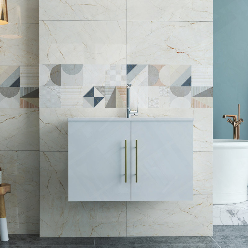 Meuble-lavabo mural avec lavabo à double porte et cintres à fermeture en douceur, Blanc lustré