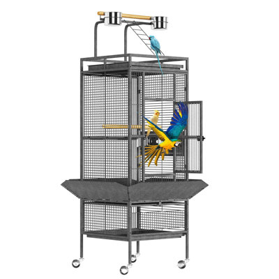 60" Tall Rolling Metal Bird Cage Aviary with Stand – Indoor/Outdoor for Parrots & Parakeets, Black