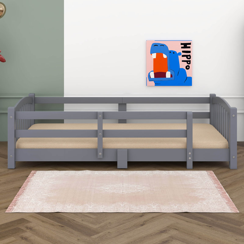Twin Size Floor Bed With Fence And Without Door, Wooden Montessori Bed Frame With Slats And Safety Guardrails For Kids, Gray