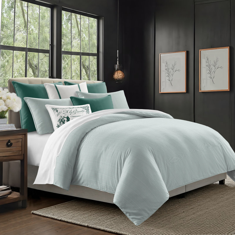 Jaxon Stripe Cotton Reversible Coverlet Set, Cal.King Coverlet/Bedspread + 2 King Shams, Evergreen