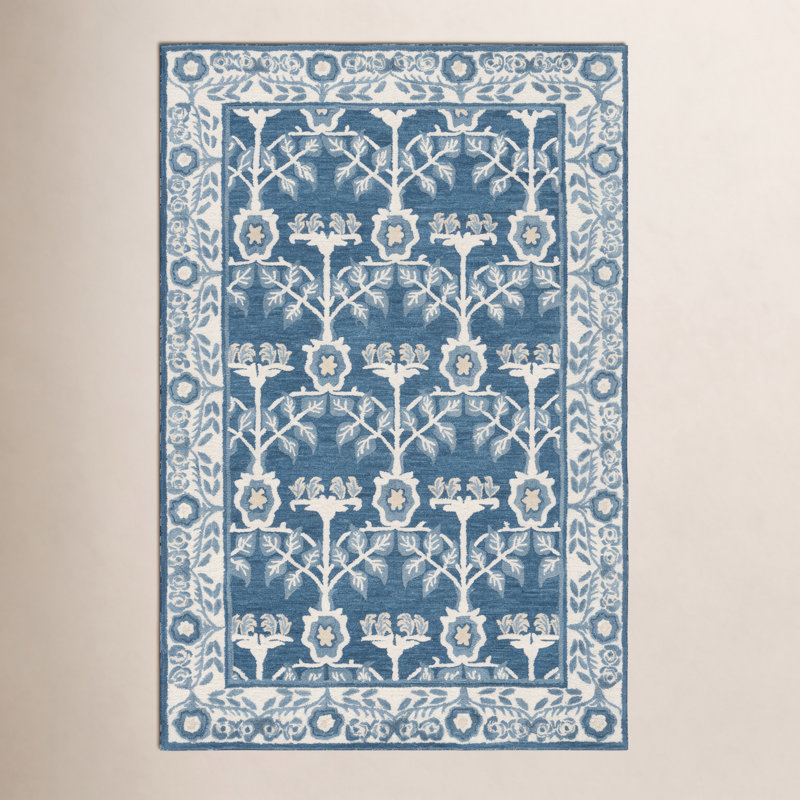 Oleana Navy and Ivory Floral Hand-Tufted Wool, Cotton, and Viscose Area Rug, Rectangle 9' x 12'