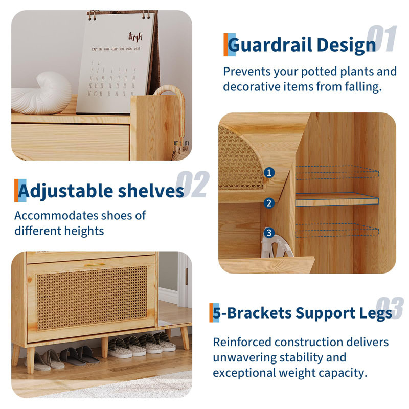 Rattan Shoe Cabinet with Flip Drawers & Mirror, Freestanding Entryway Shoe Storage with Shelves