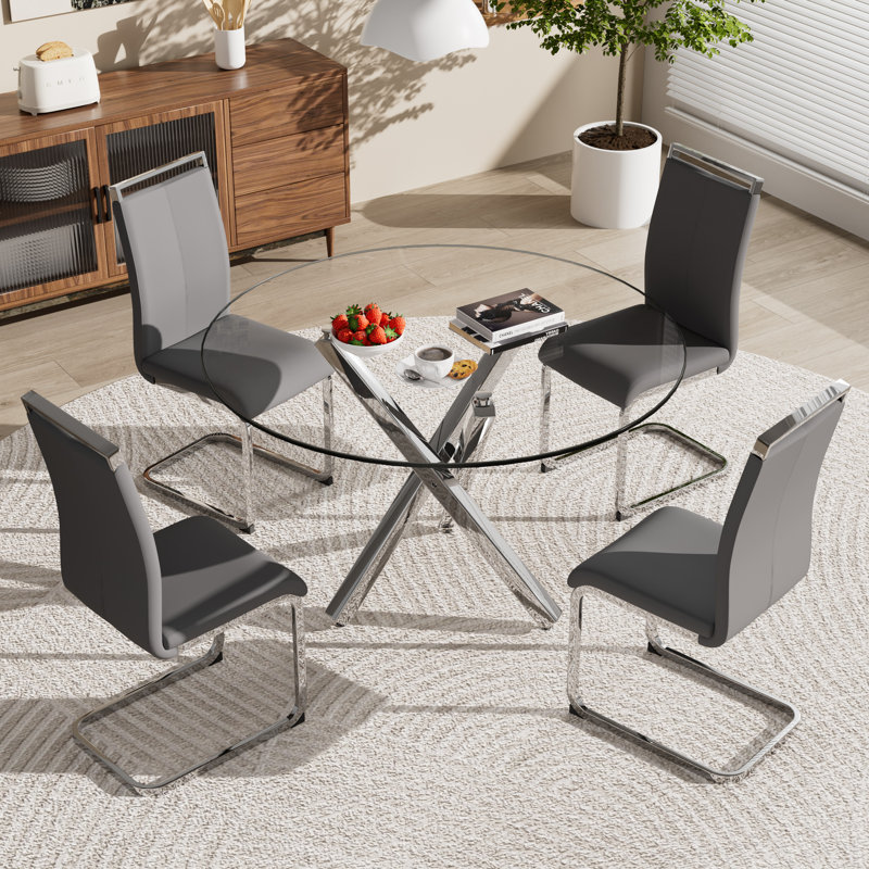 Ensemble de table de salle à manger, table ronde en verre trempé et 4 chaises rembourrées., 5, Gris foncé