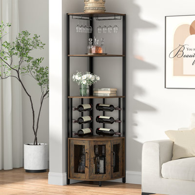 65"h Industrial Style Brown Wood Corner Bar Cabinet With Wine Glass Rack And Storage Cabinet by 17 Stories