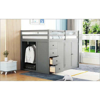 Full Size Wood Loft Bed with Built-in Wardrobes, Cabinets, and Drawers, Gray, Space-Saving and Multifunctional