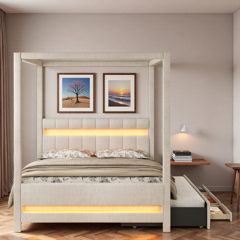 Lit plateforme à baldaquin avec lit gigogne coulissant, 3 tiroirs de rangement, tête de lit tapissier et lumières à DEL