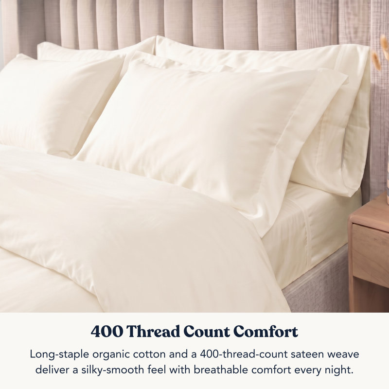 Delara GOTS Certified 100% Organic Cotton Sateen Duvet Cover Set, 400TC, Long Staple, Soft & Breathable, Ivory