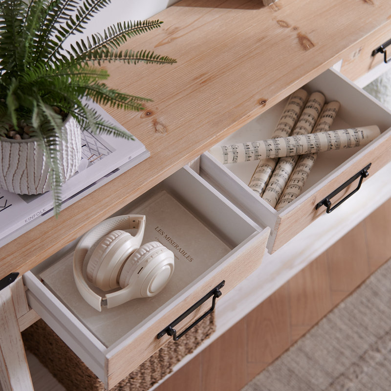 Console rustique de 60 po avec 4 tiroirs et une tablette Naiyeli, Chêne / blanc