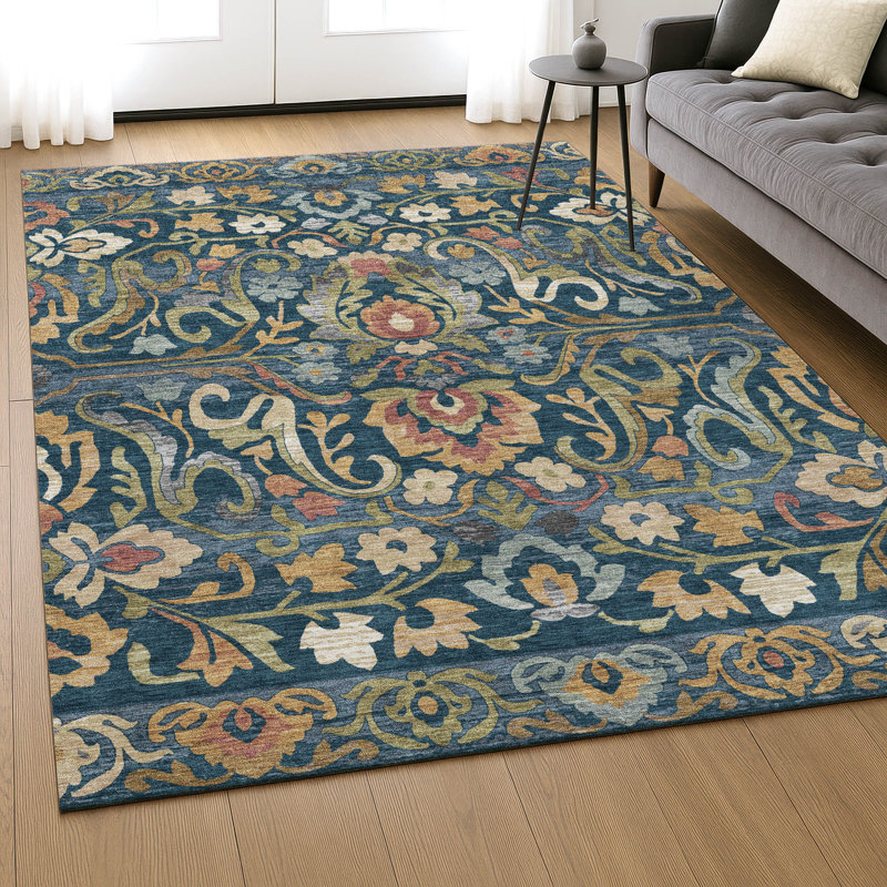 Premium Machine Washable Mayfield AMF2193 floral Rug, Navy, 10' x 14'