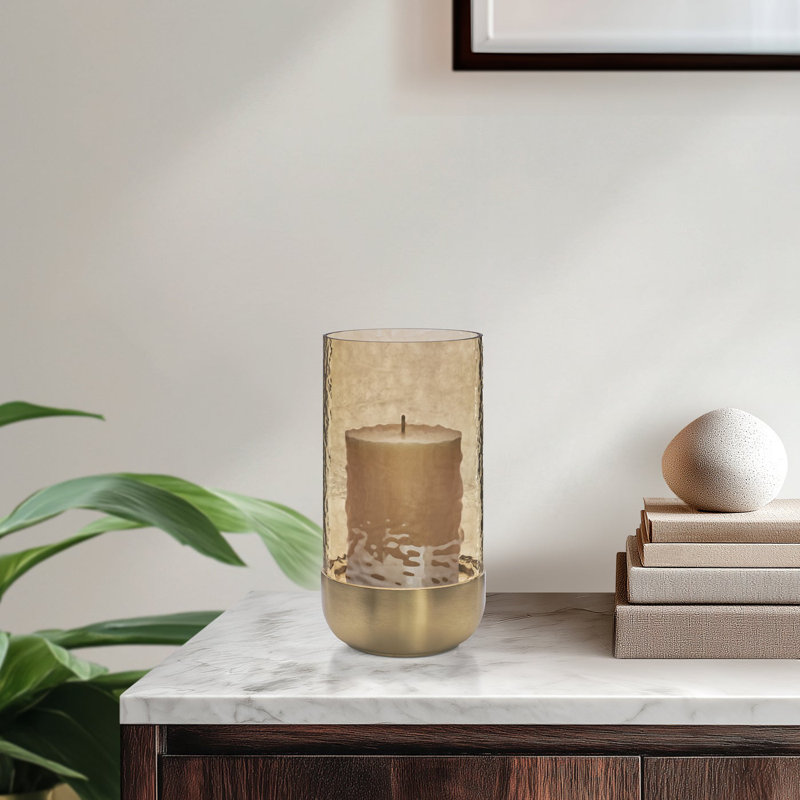 8" Detachable Glass Hurricane & Gold Ceramic Candle Holder for Pillar Candles, 8" H x 4.25" W x 4.25" D