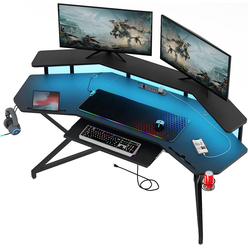 Berlanga Gaming Desk with Power Outlet & Led Strip, Large Wing-Shaped Computer Desk with Monitor Stand