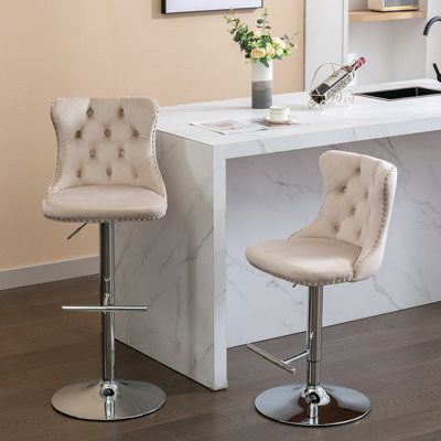 Beige Adjustable Height Swivel Metal Pedestal Bar Stools With Footrest