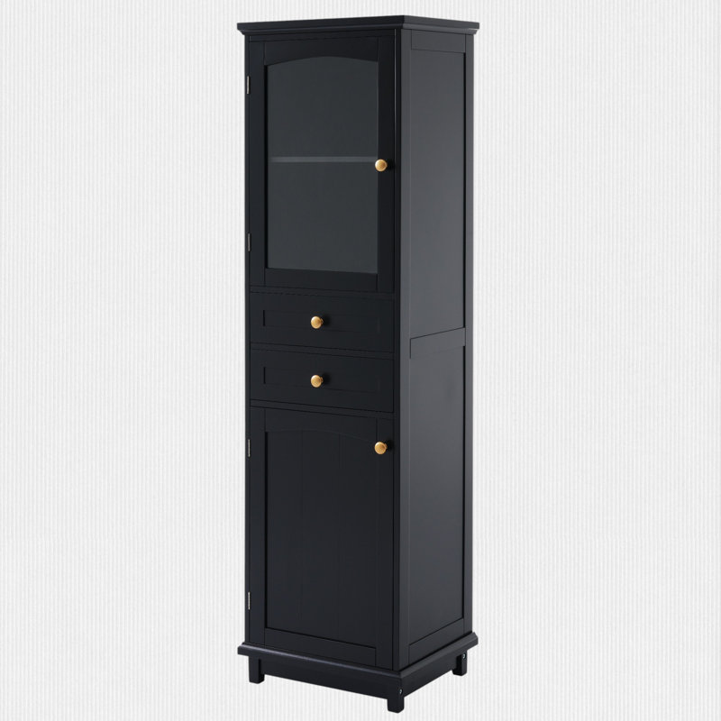 Armoire de bureau avec tablettes réglables, porte en verre et deux tiroirs, Noir