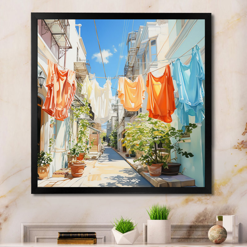 Blanchisserie en Italie V - Art mural, Cadre simple noir, H 16 po x l 16 po x P 1 po