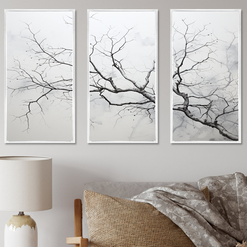 Ensemble de salon mural gris bouleau Tree III, H 28 po x l 36 po x P 1 po, Cadre flottant blanc