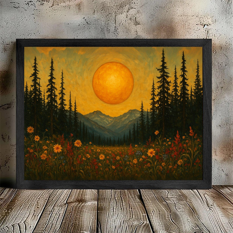 «Moonlit Pine Forest», encadré noir, pleine lune, peinture de champ de fleurs sauvages, art mural paysage nature Moody Mystical