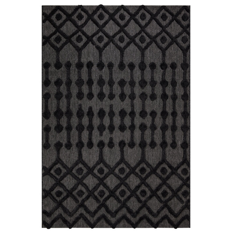 Tapis géométrique en polyester tissé à la machine en noir, Rectangle 3 pi 11 po x 5 pi 11 po