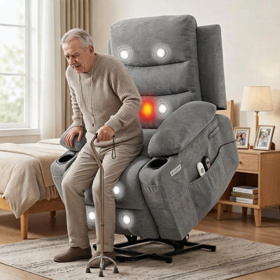 Fauteuil releveur électrique pour personnes âgées, grande taille, siège large surdimensionné avec assistance à la levée, fonction chauffage et massage, port de chargement USB, porte-gobelets, gris lin, largeur d'assise 137 cm