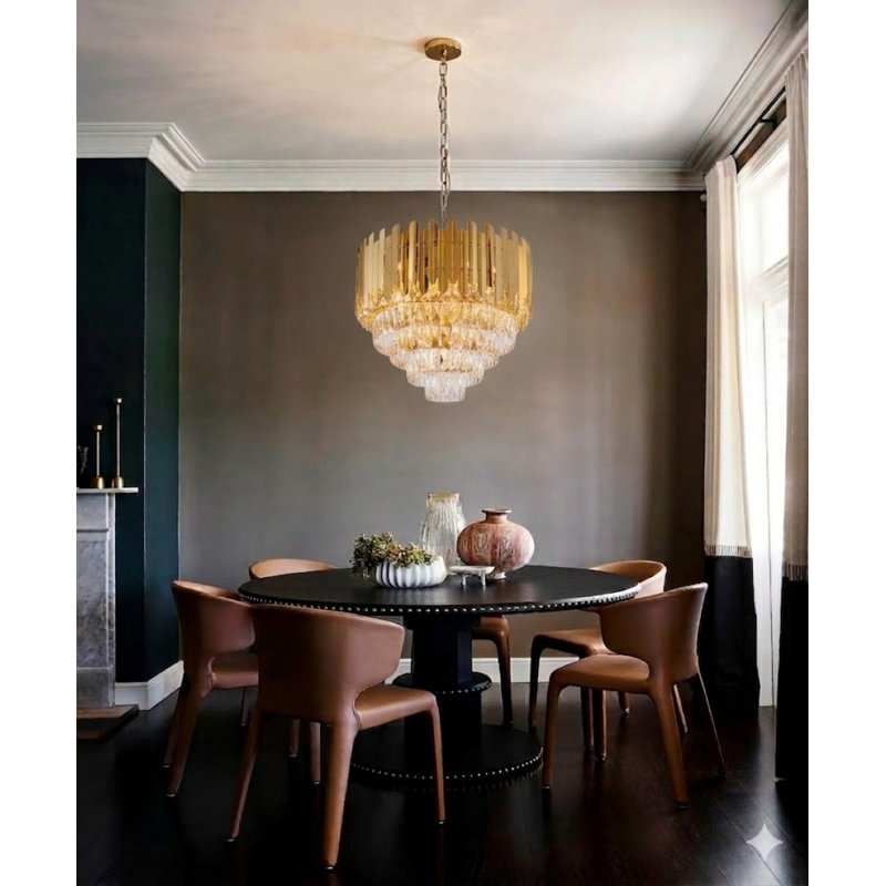 Lustre en acier inoxydable doré 15 lumières avec cristaux transparents, 15, H 28 po x l 24 po x P 24 po