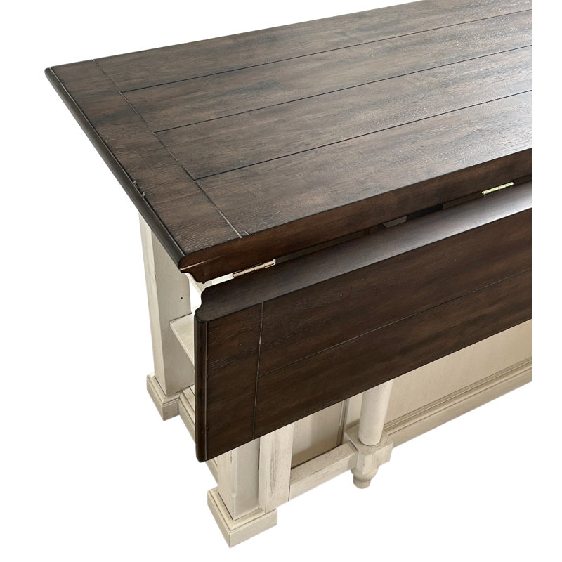 Sunset Trading French Chic Fully-Assembled 71" Dropleaf Kitchen Island | Gateleg Table With 13" Leaf Expandable From 25" To 38"D | Unique Home Bar Furniture | Antique White And Planked Walnut Brown Solid Wood