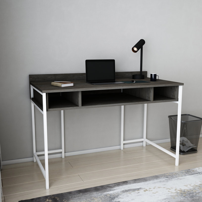 Alma Desk Metal Base Writing Desk, Dark Gray Oak/White