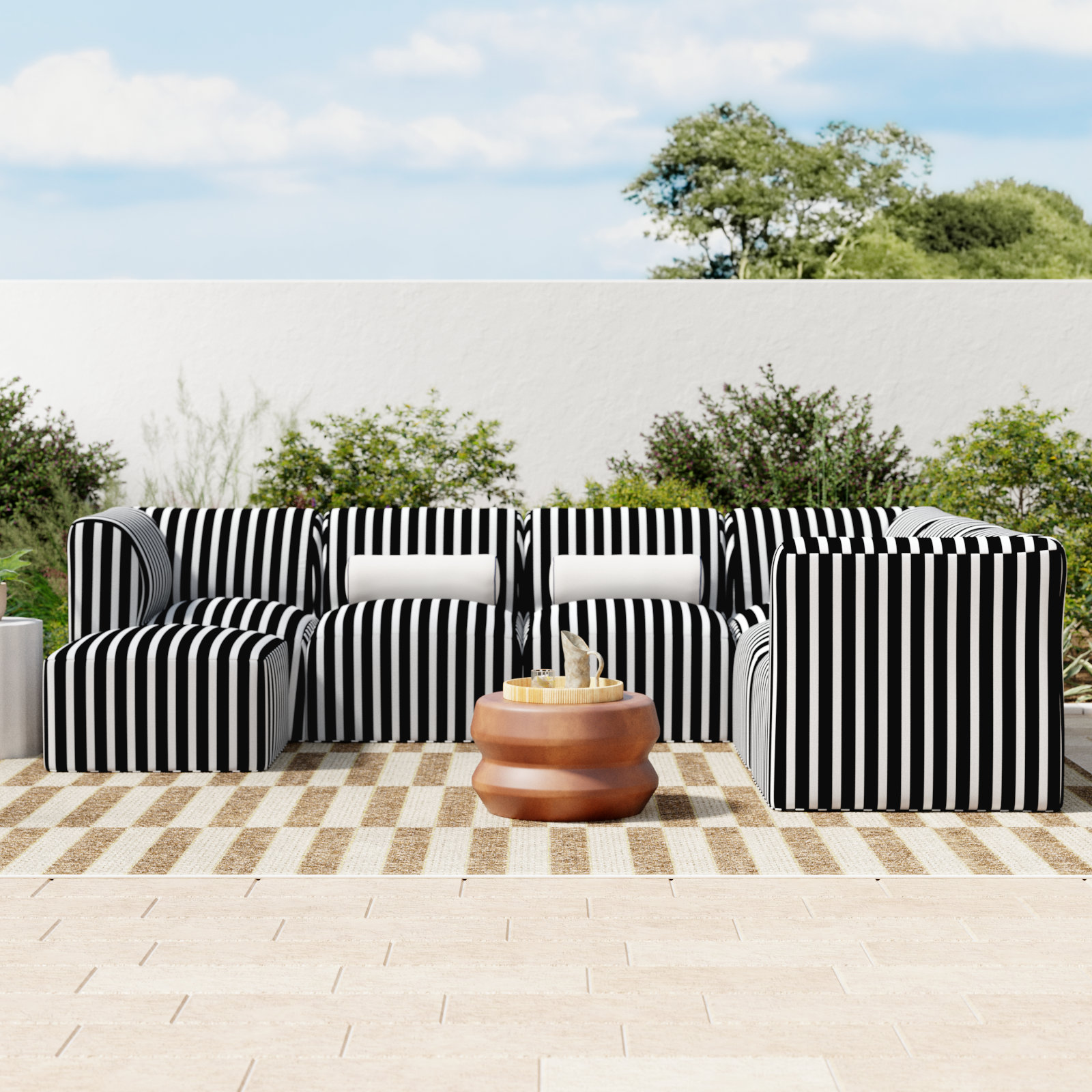 Eliana 124'' Outdoor Sectional with Sunbrella Cushions, Shore Classic Black Stripe Sunbrella®