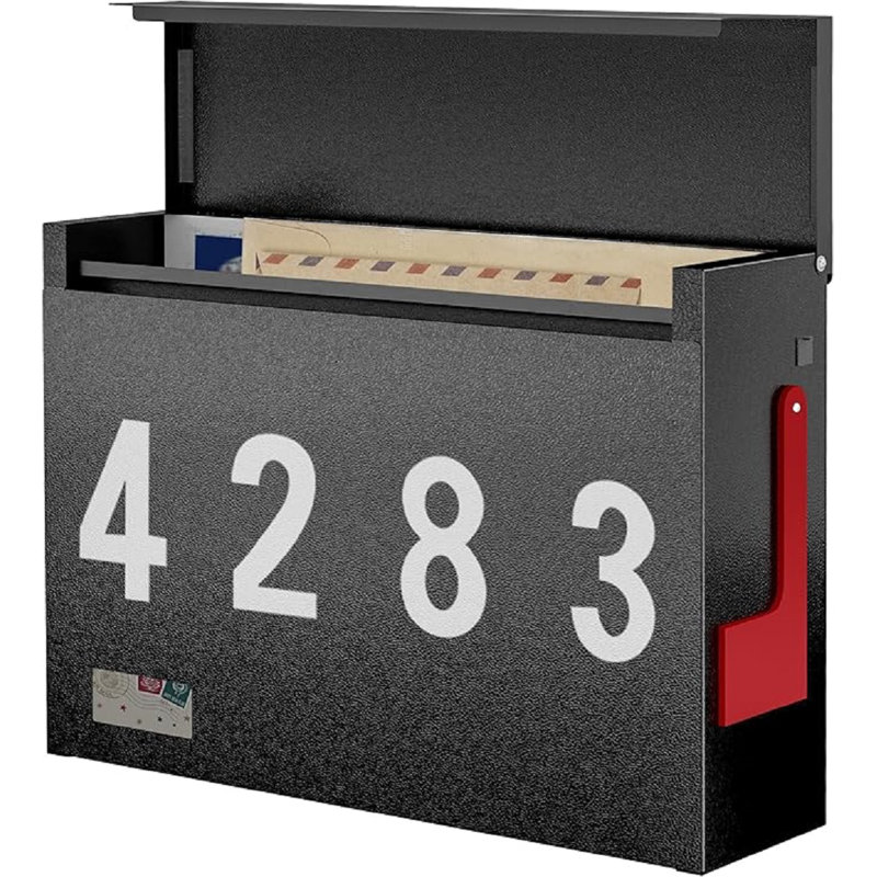 Black Metal Wall Mount Mailbox with Red Flag and Number Stickers
