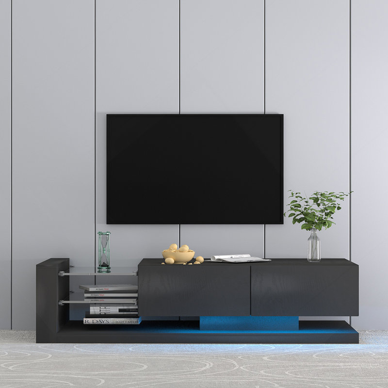 Console télé avec armoires de rangement, meuble télé à DEL 16 lumières changeantes