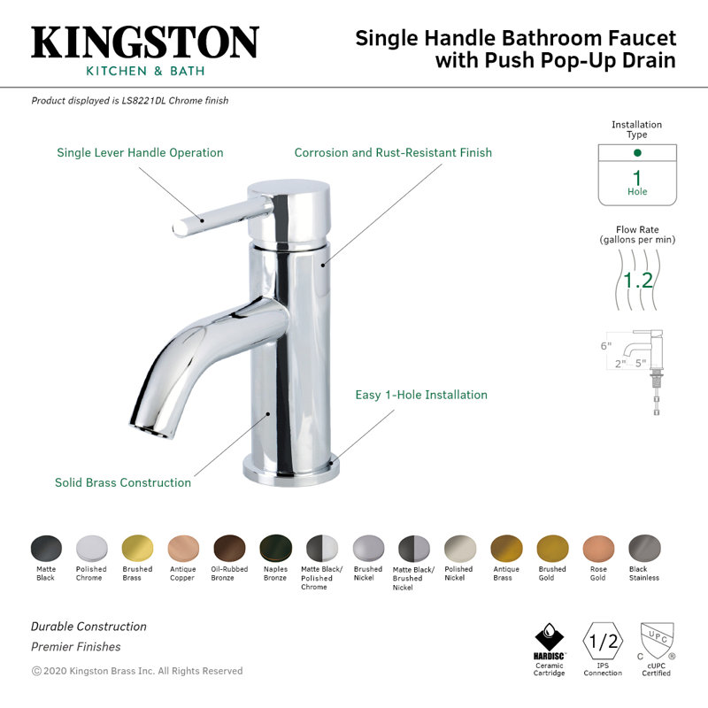 Kingston Brass Concord Single-Handle 1-Hole Deck Mount Bathroom Faucet with Push Pop-Up, Brushed Gold