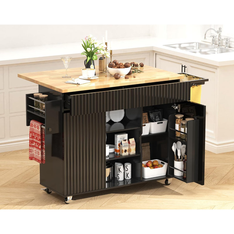Îlot de cuisine mobile avec abattant, tiroirs de rangement et sac poubelle pliable, Noir