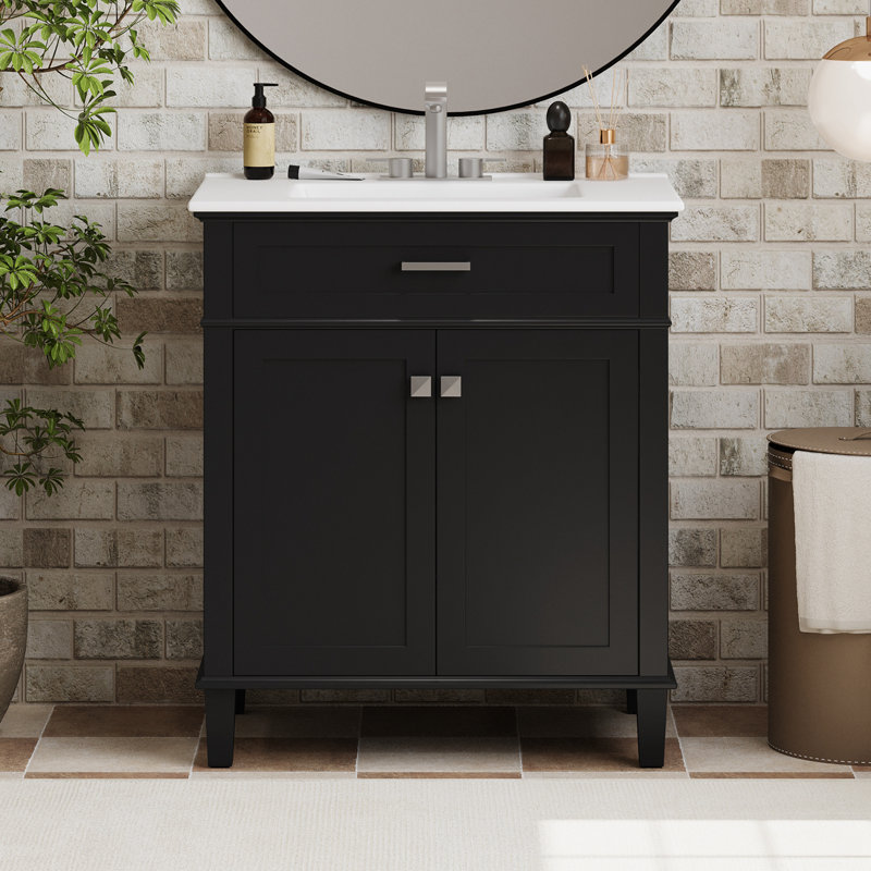 Meuble-lavabo avec lavabo en céramique et tablettes réglables, Noir, noir, noir, noir