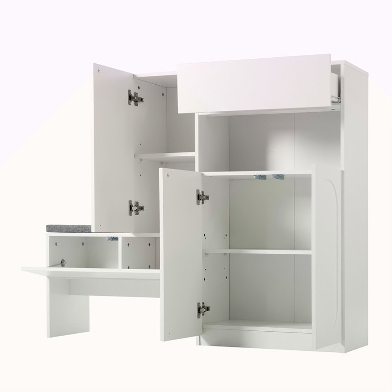 Élégant range-chaussures 2-en-1 avec coussin moelleux, banc de rangement moderne avec portes arquées et dispositifs de rebond, range-chaussures polyvalent avec tablettes réglables pour le couloir et le salon