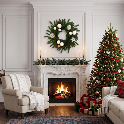 Couronne de Noël pré-éclairée 20 po avec décorations de boule blanche pour porte d'entrée, manteau de cheminée et décoration murale