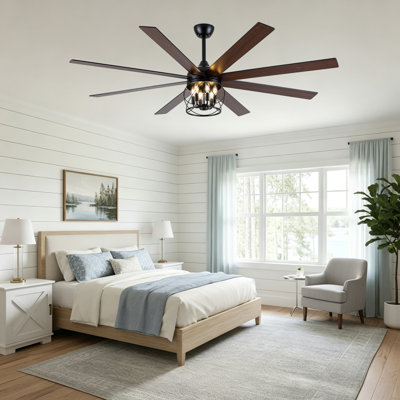 Ventilateur de plafond noir style ferme de 183 cm avec cage, lumière et télécommande, ventilateur lustre réversible à 6 vitesses pour salon