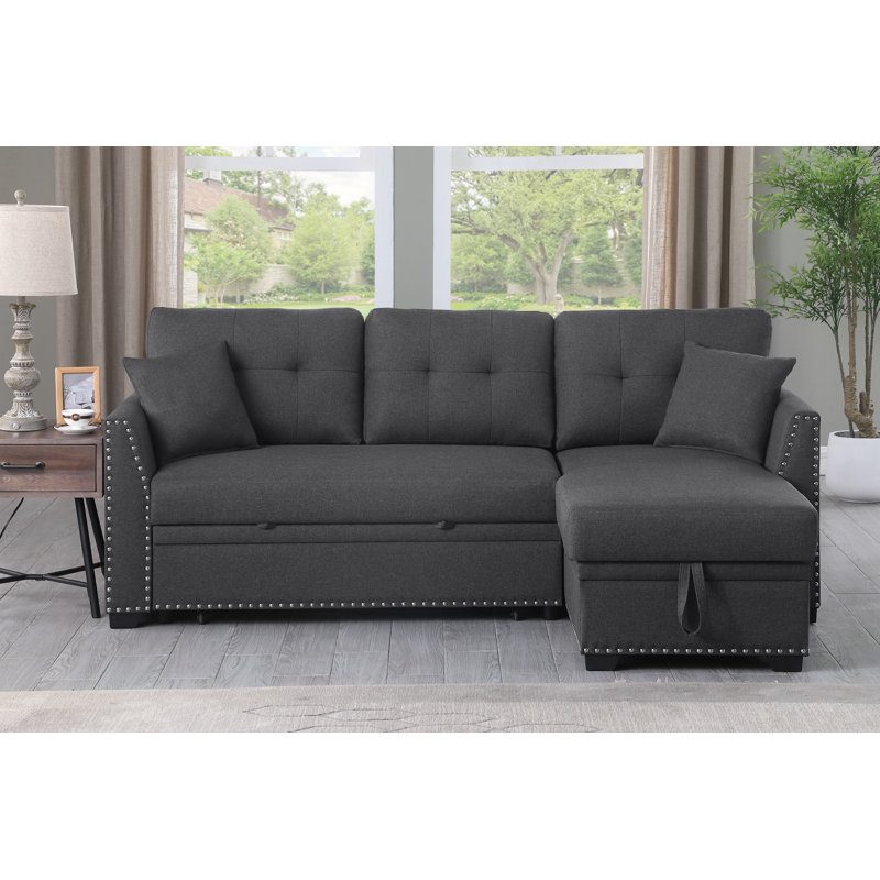 Canapé-lit modulaire réversible de 81,5 po de largeur (lit gigogne) avec méridienne de rangement, Tissu gris foncé