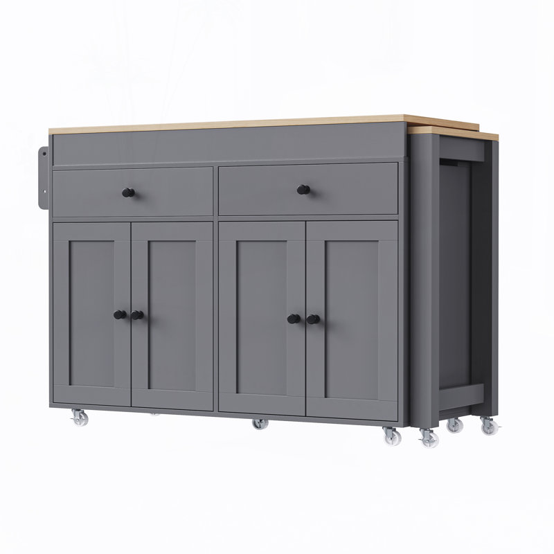 74.5 inch Kitchen Island with Extendable Dining Table,Kitchen Storage Cart with Spice Rack,2 Drawers and 4 Door Cabinet, Grey